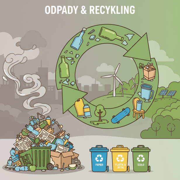 Infographic ODPADY & RECYKLING showing waste and bins for PAPIER, PLASTIK & METAL, and SZKŁO.