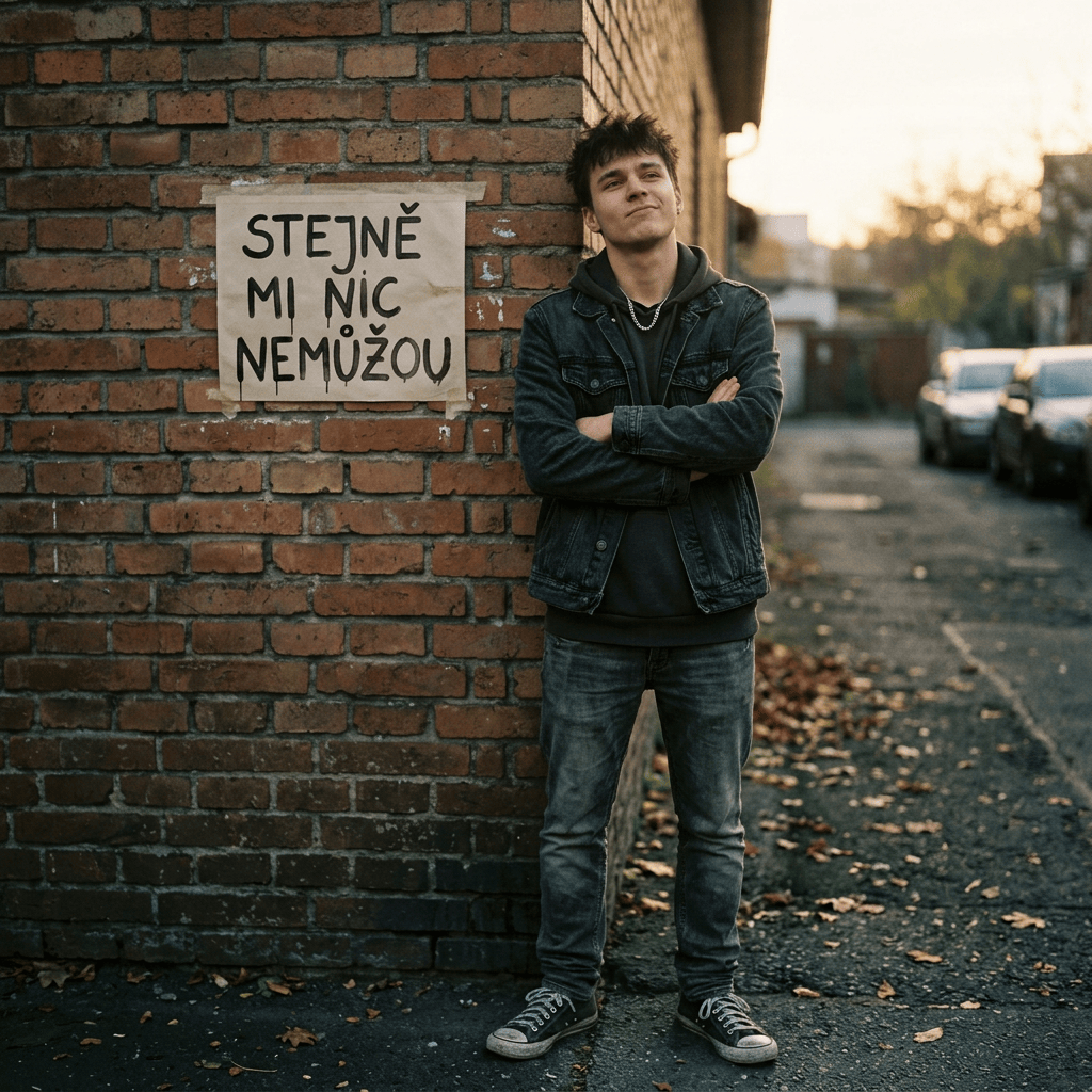 Young man beside sign reading “STEJNE MI NIC NEMŮŽOU”