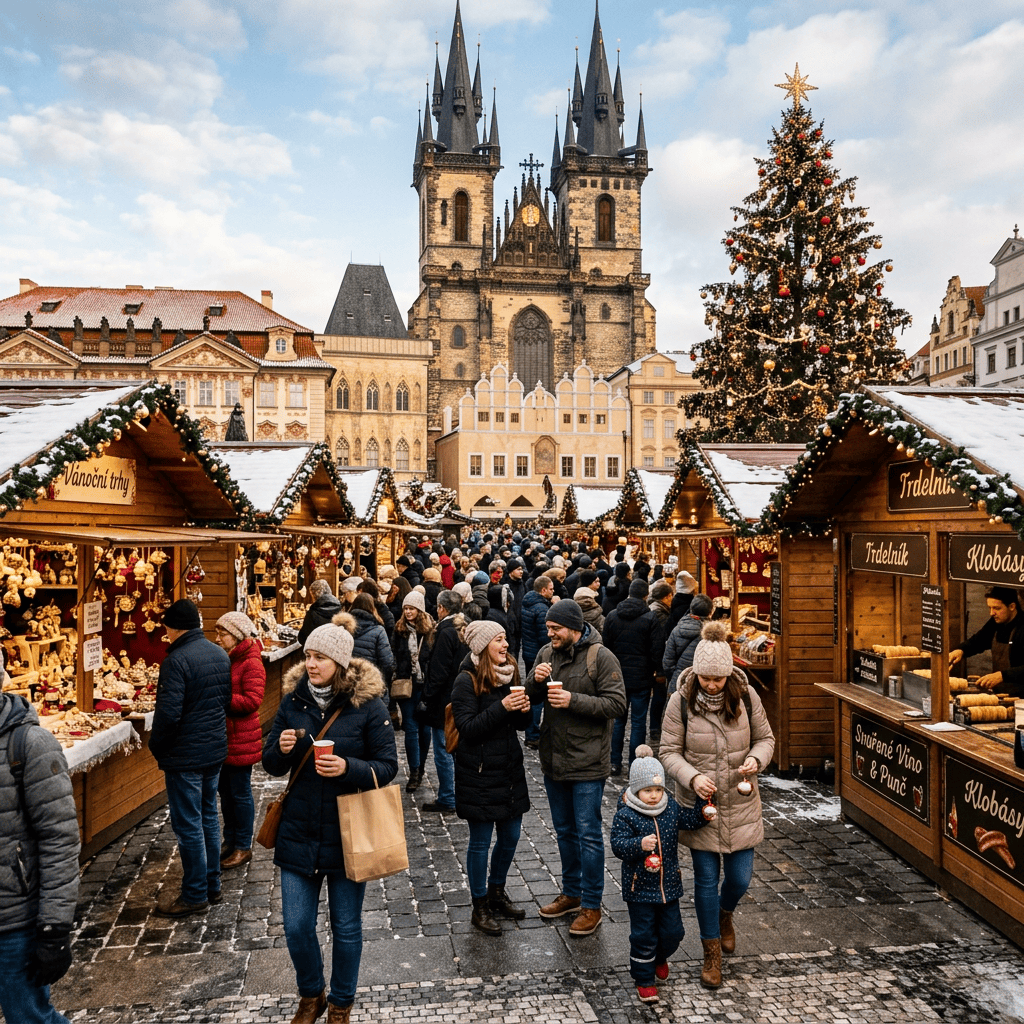 Crowded Christmas market in Prague with decorated stalls, tree, and Týn Church