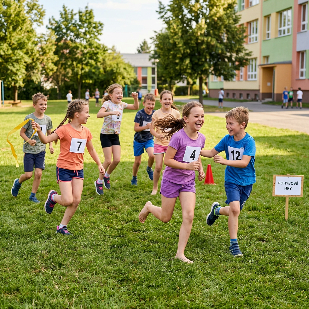 Children running across a school lawn during an outdoor sports event